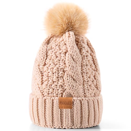 Women's Winter Pompom Beanie Warm and Cozy Knit Hat Fleece Lining Skull Cap for Women - color: Beige