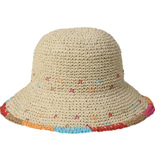 Women Straw Sun Hat Summer Beach Hats Foldable Floppy Cap Wide Brim Bucket Hat Solid Handmade Sun Protection Caps - color: Colorful-beige