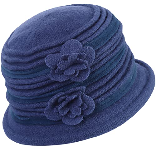Vintage Women Floral Wool Dress Cloche Winter Hat 1920s - color: C025-blue With Blue