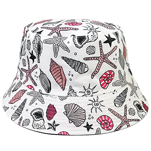 Falari Reversible Bucket Hat for Men Women Summer Travel Beach Outdoor Fishing Hat 100% Cotton - color: J894-white-sealife