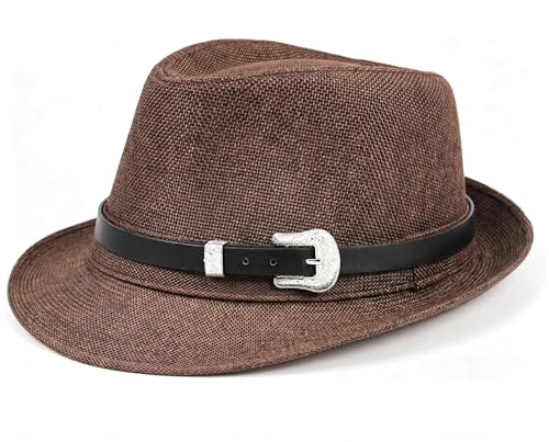 Classic Fedora Hat for Men Women Short Brim Panama Summer Beach Hat Accessories with Belt Buckle - color: Brown, size: Large-X-Large