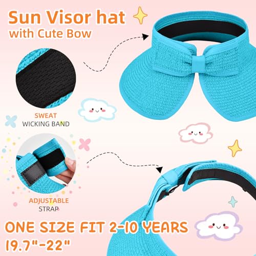 Girls Sun Visor Hat with Ponytail Hole Wide Brim Beach Straw Visor UPF 50+ - color: 1pack-sea Blue