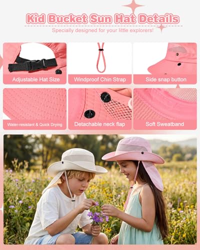 Century Star Kids Sun Hat with Ponytail Hole & Detachable Neck Flap UPF50+ Quick Dry Girls Bucket Hat for Outdoor Beach - color: Watermelon Red