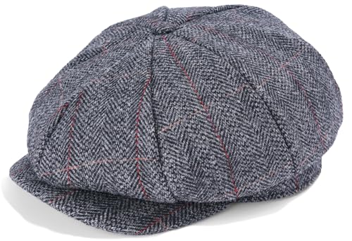 Mens Newsboy Cap High Woolen Tweed Gatsby Hat Ivy Cabbie Flat Golf Cap for Fathers Women Unisex - color: Herringbone Plaid Grey, size: 7 1/4-7 1/2