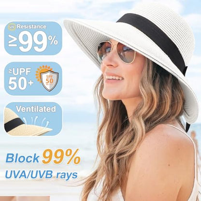 DRESHOW Sun Hats for Women Travel Fedora Foldable Beach Sun Hat Summer Wide Brim Straw Bucket Hat with Bowknot UPF 50+ - color: 1 Pack Bowknot Straw Hat: White