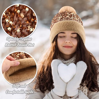 4 Pcs Sequin Pom Pom Beanie Winter - color: Black,silver,gold,wine Red