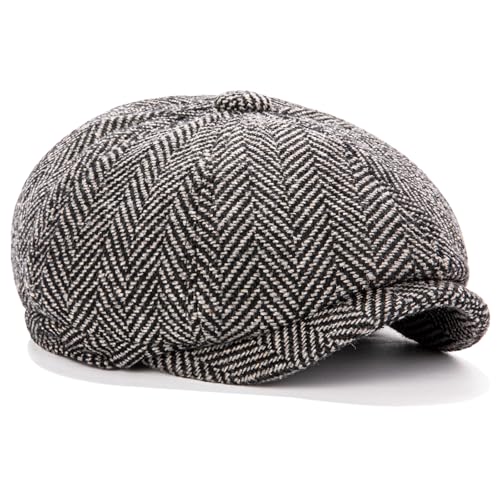 Men's Wool Newsboy Cap 8-Panel Tweed Taxi Hat Herringbone Gatsby Flat Hats - color: Dark Gray
