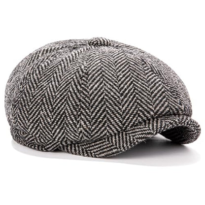 Men's Wool Newsboy Cap 8-Panel Tweed Taxi Hat Herringbone Gatsby Flat Hats - color: Dark Gray