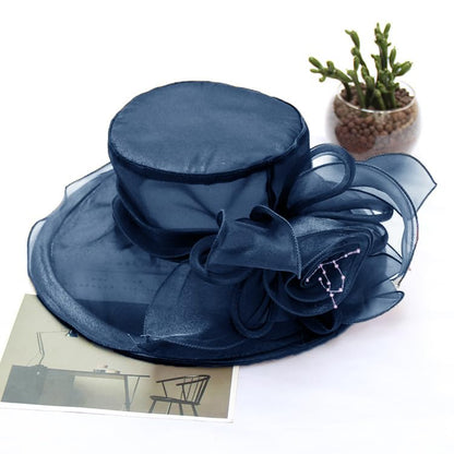 Women's Kentucky Derby Church Dress Hat Wide Brim Leaf Flower Bridal Shower Hat - color: F13 Navyblue