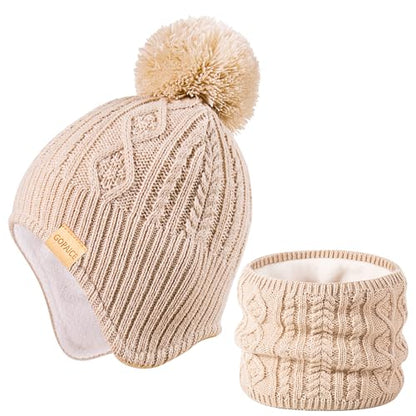 Kids Winter Beanie Hat and Scarf Set with Pom Pom for Girls, Children's Thick Ski Cap with Earflap Fleece Lined Hat 3-9 Years - color: Beige+scarf