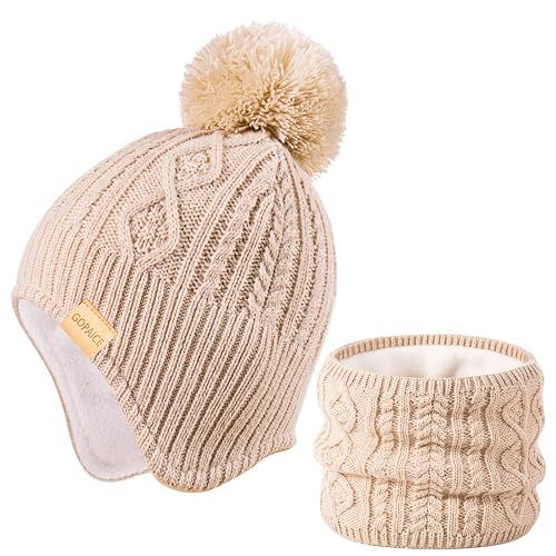 Kids Winter Beanie Hat and Scarf Set with Pom Pom for Girls, Children's Thick Ski Cap with Earflap Fleece Lined Hat 3-9 Years - color: Beige+scarf