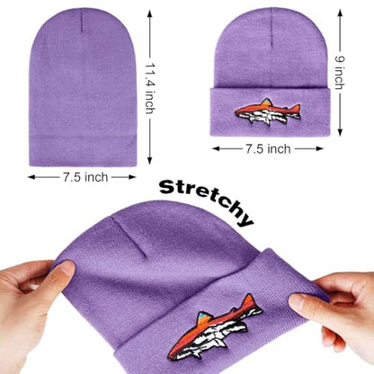 Knit Winter Beanie Hats for Men Women Cuffed Skull Cap with Mountain Embroidery Outdoor Christmas & New Year Gifts - color: Fish/Lavender