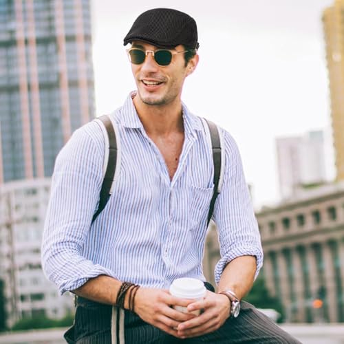 Xinveen Men's Mesh Cap Breathable Summer Newsboy Hat Adjustable Beret Ivy Cap Irish Cabbie Driving Hunting Hats - color: Black