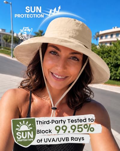 FURTALK Sun Hats for Women Wide Brim Ponytail UV Packable Hiking Travel - color: Khaki