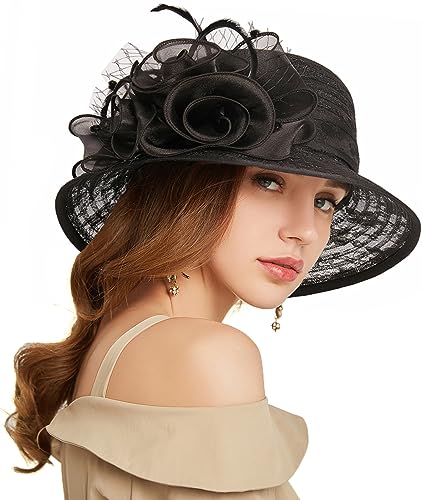 Women's Kentucky Derby Church Dress Hat Wide Brim Leaf Flower Bridal Shower Hat - color: R1 Black