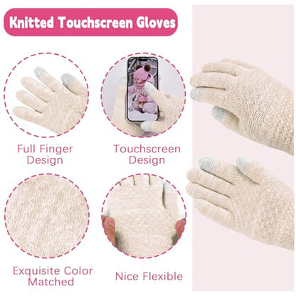 Kids Winter Hat Gloves Scarf Set Girls, Children Beanies Hats with Pom Pom - color: Beige Mix