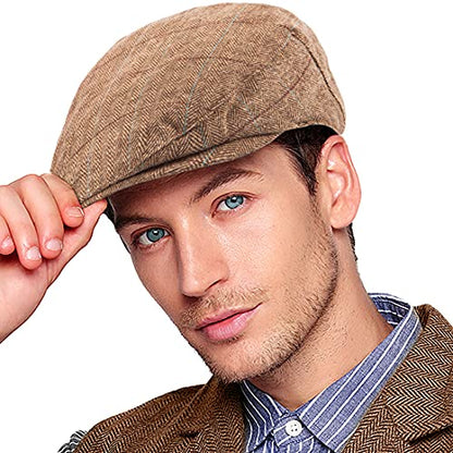 Herringbone Flat Ivy Newsboy Cap for Men 1920s Wool Blend Tweed Cabbie Hat - color: 002 Plaid Brown, size: Small-Medium