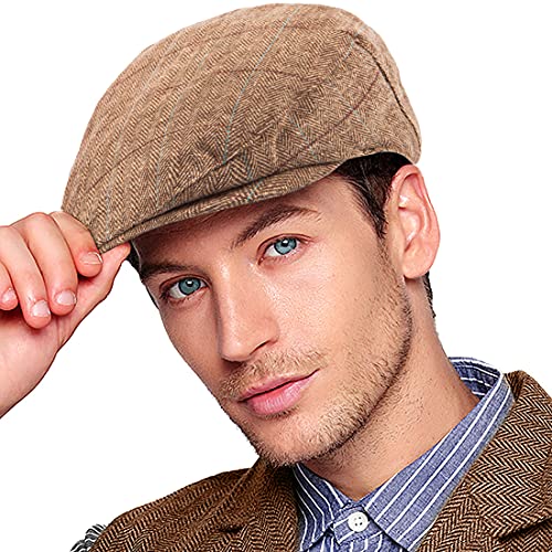 Herringbone Flat Ivy Newsboy Cap for Men 1920s Wool Blend Tweed Cabbie Hat - color: 002 Plaid Brown, size: Large-X-Large