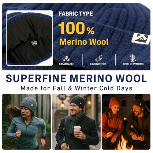 TOP-EX PolarWool™ L/XL/XXL 100% Merino Wool Beanie Fleece Lined Hat Watch Cap for Cold Weather Winter Warm - color: Navy, size: Large