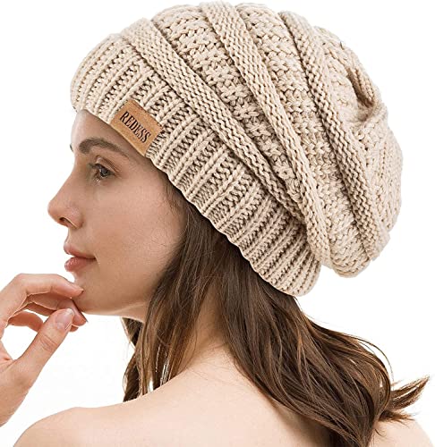 REDESS Slouchy Beanie Hat for Men and Women Winter Warm Knit Hat Chunky Soft Oversized Cable Cap - color: Black+oat