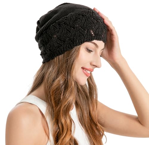 ZLYC Crochet Slouchy Beanie for Women Soft Lightweight Skull Cap - color: Solid Black