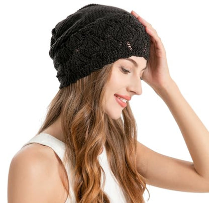 ZLYC Crochet Slouchy Beanie for Women Soft Lightweight Skull Cap - color: Solid Black