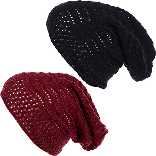 BYOS Women's Airy Cool Lightweight Cutout Long Slouchy Crochet Knit Beanie Hat - color: 2 Pack-wavy Line Burgundy & Bk