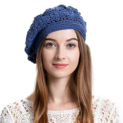 ZLYC Women Cotton Slouchy Crochet Beret Handmade Cutout Floral Beanie Hat - color: Plain Navy