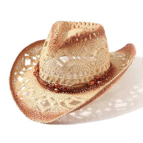 AQOKKA Straw Cowboy Hats for Women Men Western Cowgirl Hats with Shapeable Brim Woven Hollow Out Unisex Beach Roll Up Caps - color: Brown Beads Cowboy Hats : Khaki+beige Spray-painted