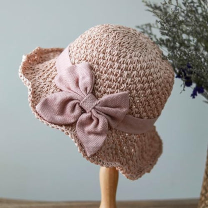 Beach Straw Sun Hat for Women French Foldable Summer Beach Wide Brim Hat Travel Straw Fedora Hat - color: Pink