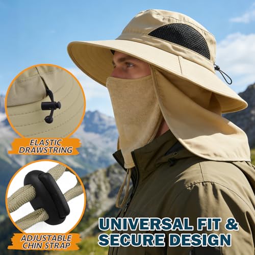Wide Brim Sun Bucket Hat, Waterproof Boonie Hat for Men & Women - color: 07 Khaki (Full Coverage)