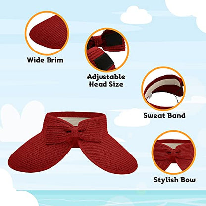 Straw Sun Visor for Women, Wide Brim UPF 50+ Protection Beach Hat, Adjustable, Roll Up Foldable Ponytail Cap with Chin Strap - color: Red