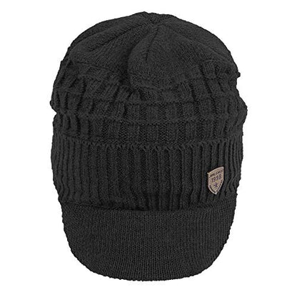 Original One Winter Wool Knitted Chunky Visor Beanie Hat with Brim Fur Lined Peaked Ski Cap - color: Black