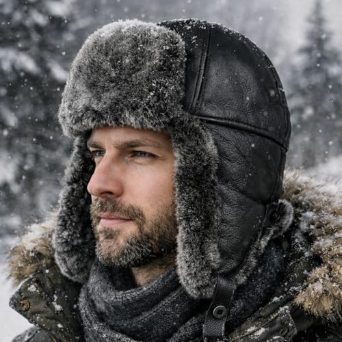 Leather Aviator Russian Ushanka Trapper Shearling Sheepskin Fur Ear Flap Waterproof Winter Hat - color: Gray, size: X-Large