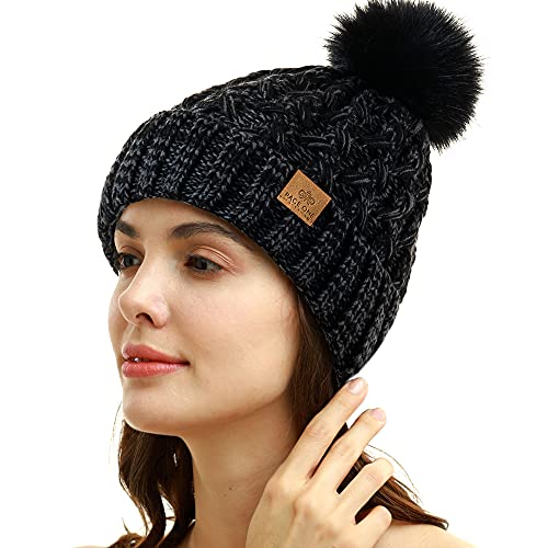 PAGE ONE Womens Winter Ribbed Beanie Crossed Cap Chunky Cable Knit Pompom Soft Warm Hat - color: Mixed Black