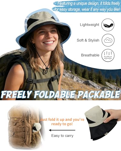 Women's Sun Hat with Ponytail Hole, Breathable Foldable Summer Hat with Shapeable Brim for Hiking Beach Gardening - color: Beige