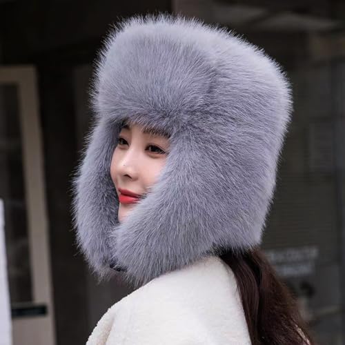Women's Fluffy Trapper Hat, Long Pile Faux Fur Ushanka hat with Buckle, Luxurious Mink-Style Winter Warm Hat - color: Grey