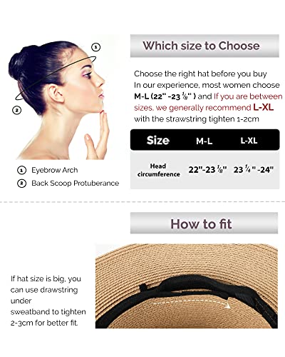 FURTALK Womens Wide Brim Sun Hat Beach Panama Fedora Straw Summer - color: Coffee Brown, size: Medium-Large