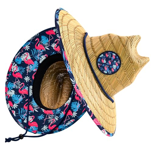 grinderPUNCH Straw Sun Hat for Men Women Wide Brim Beach Fishing UPF 50 - color: Flamingo Palm