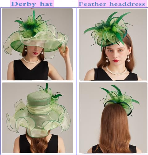 Women Derby Church Hat Organza Flower Wedding Tea Party Fascinator Wide Brim Sun Hat - color: 16-light Green