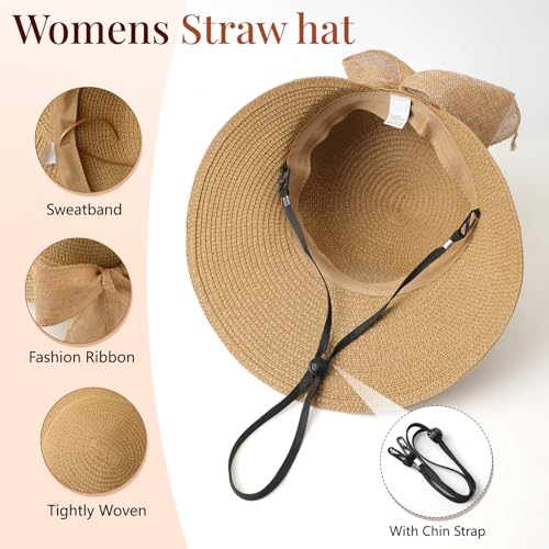 Pleneal Sun Hats for Women Straw Beach Hat Foldable Bowknot Summer Hat - color: Khaki