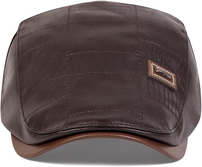 Newsboy Cap for Men, Flat Cap, PU Leather Hat - color: Patch| Dark Brown