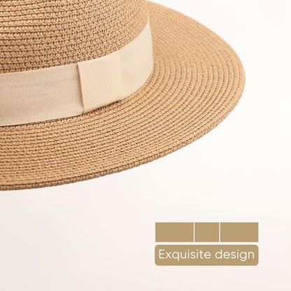 DRESHOW Women Straw Panama Hat Travel Fedora Beach Sun Hat Summer Wide Brim Straw Roll up Hats UPF 50+ - color: Fedora a Khaki (Beige Hatband)