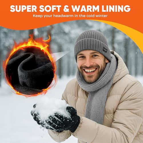 Winter Beanie Merino Wool Fleece Lined for Men Women Soft Warm Knit Hat Ski Stocking Cuffed Cap - color: Grey