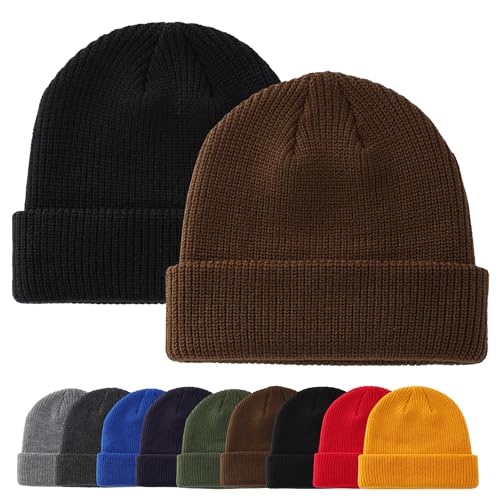 Connectyle 2 Pack Classic Cuffed Beanie Hat for Men & Women Warm Winter Knit Hat Thick Beanies Skull Cap Acrylic Watch Cap - color: Black+coffee