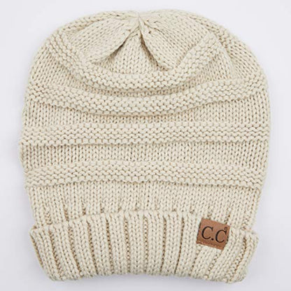 C.C Hat-100 Oversized Baggy Slouch Thick Warm Cap Hat Skully Cable Knit Beanie - color: Beige Solid