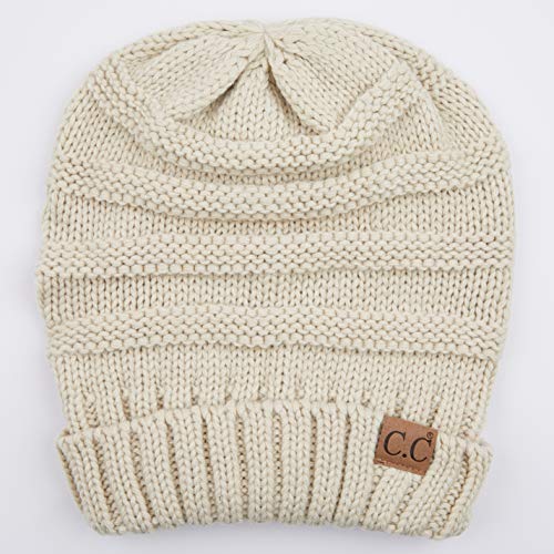 C.C Hat-100 Oversized Baggy Slouch Thick Warm Cap Hat Skully Cable Knit Beanie - color: Beige Solid