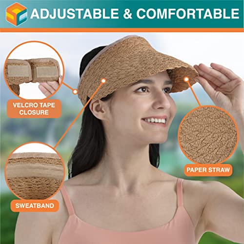 SUN CUBE Women Sun Visor Hat, Straw Beach Hat Wide Brim UV Protection, Foldable Packable Cap, Roll Up Ponytail Summer Visor - color: Brown