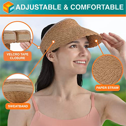 SUN CUBE Women Sun Visor Hat, Straw Beach Hat Wide Brim UV Protection, Foldable Packable Cap, Roll Up Ponytail Summer Visor - color: Brown