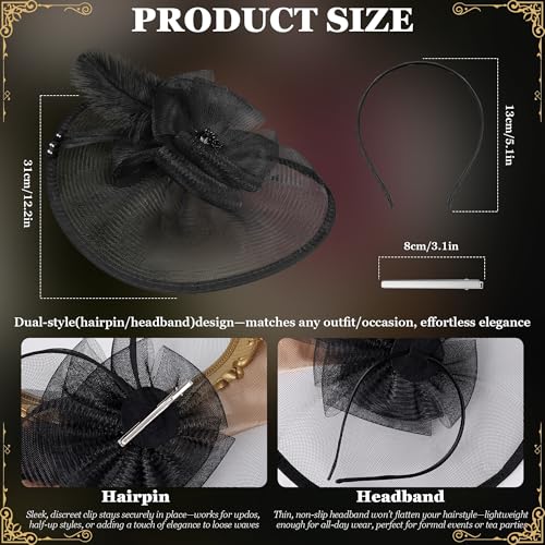 Fascinators Hats for Women Tea Party Hat Vintage Feather Mesh Headband Hair Clip Flower Headwear for Wedding Cocktail Church - color: Black